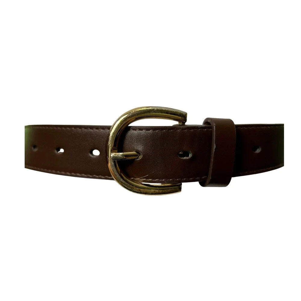 Classic Brown Faux Leather Belt Gold Horseshoe Buckle 49 Inch Total Length‎